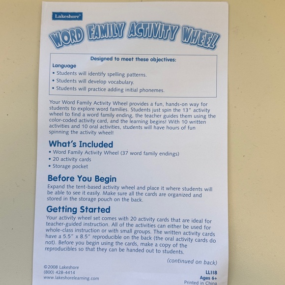LAKESHORE WORD FAMILY ACTIVITY WHEEL 20 ACTIVITY CARDS SPELLING PATTERNS AGES 6+ - Picture 8 of 9